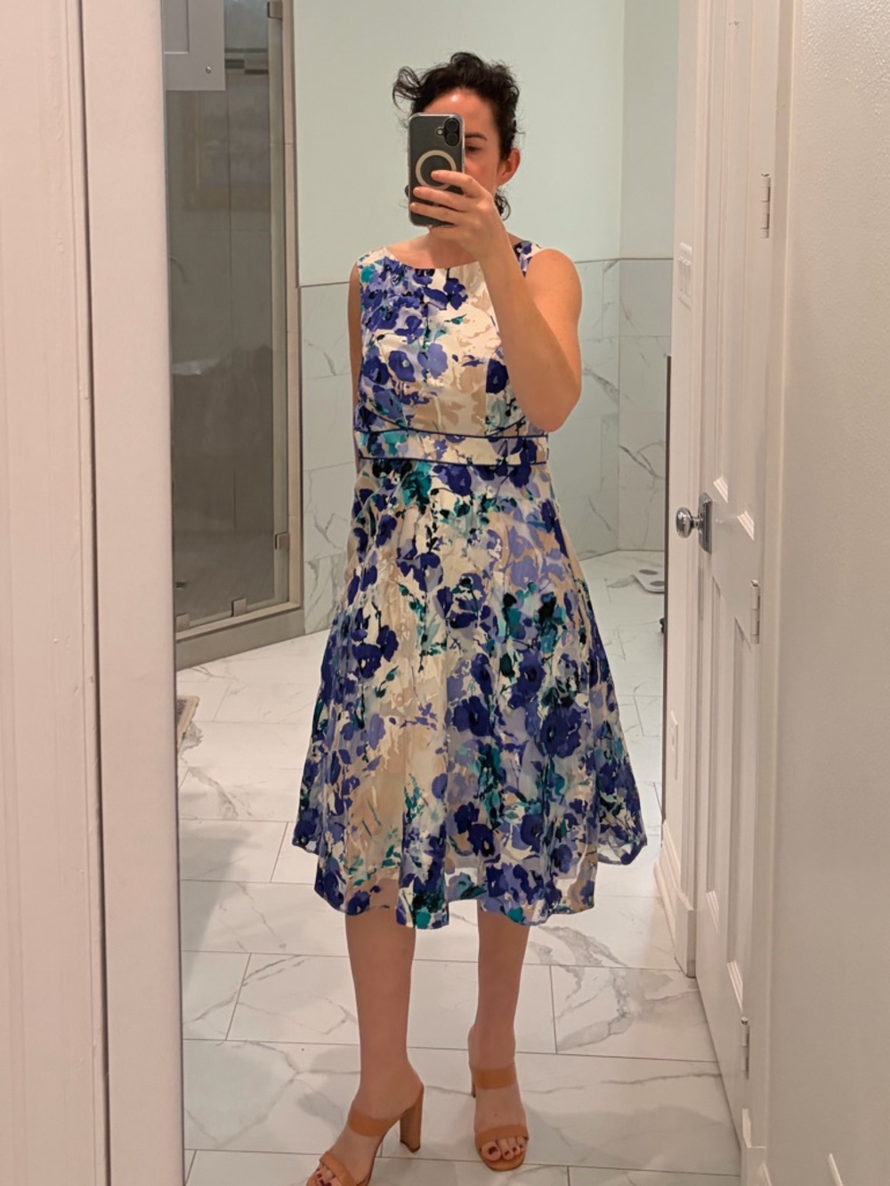 MOONSON of London- Like New Floral A-Line Midi Dress in Blue and Cream. SZ 4